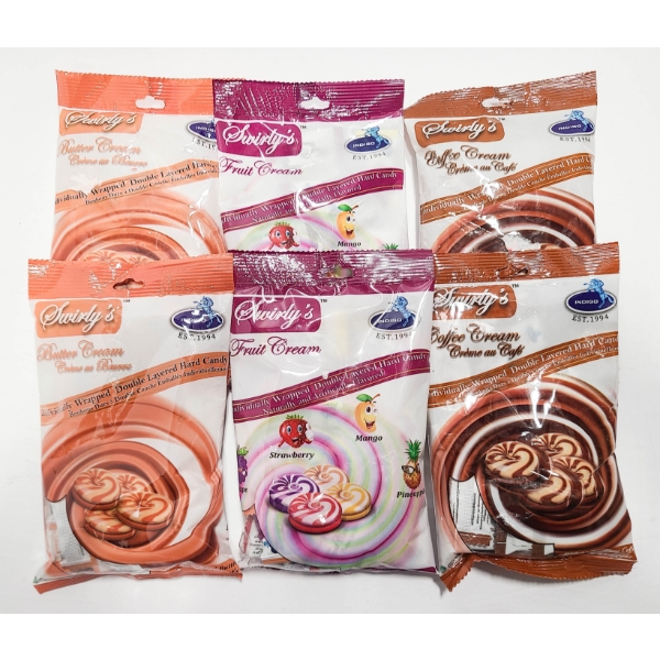 6 X 120G SWIRLY'S ASST CANDY - COFFEE - BUTTER & FRUIT CREAM