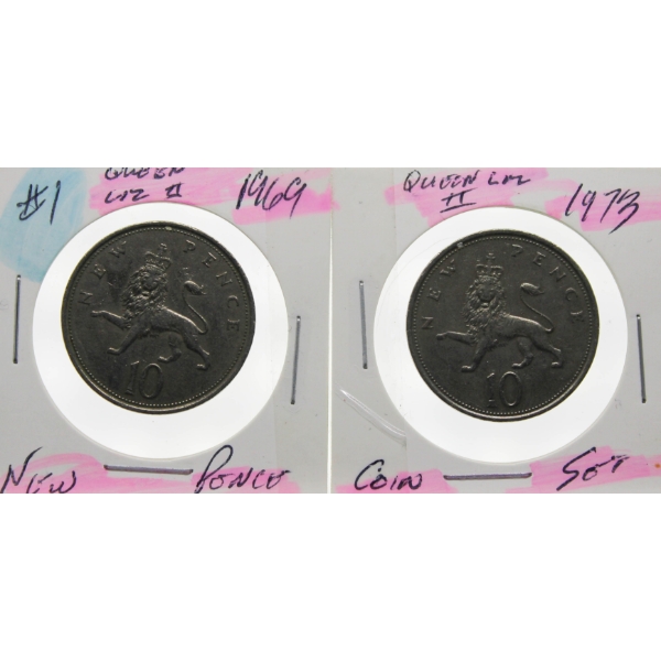 1969 & 1973 QUEEN LIZ II NEW PENCE 10 COINS