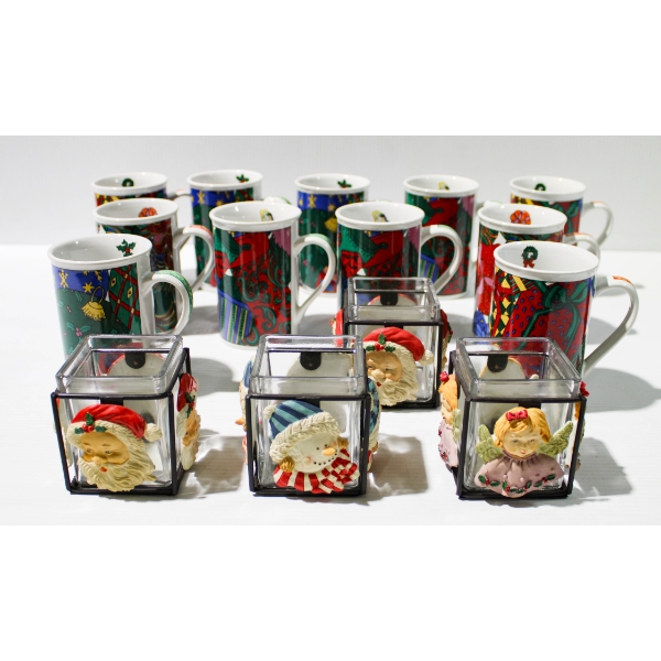 11 CHRISTMAS HOLIDAY MUGS & 4 TEALIGHT CANDLE HOLDERS