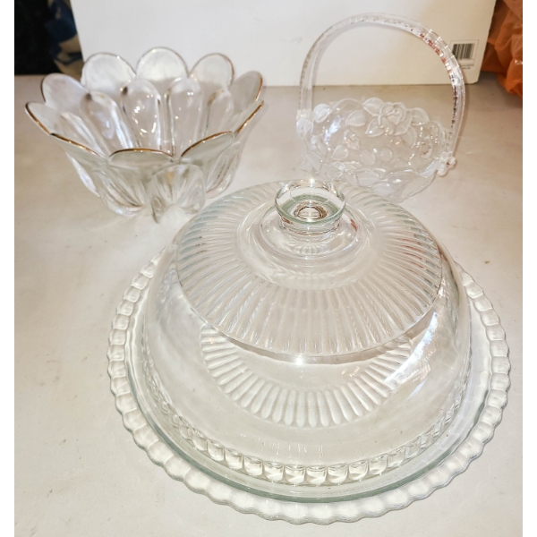 VINTAGE GLASS CAKE PLATTER ETC.