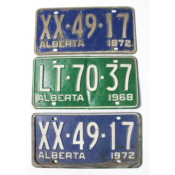 3 VINTAGE ALBERTA CANADA LICENSE PLATES - 1968 & 1972