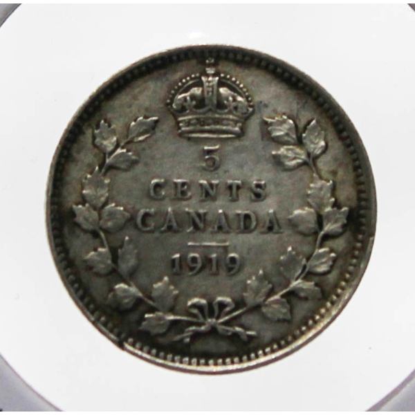 1919 CANADA SILVER KING GEORGE V 5 CENT COIN