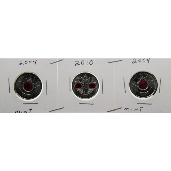 2004 (X2) & 2010 CANADA REMEMBRANCE POPPY 25 CENTS