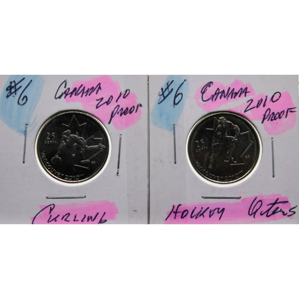 2010 CANADA HOCKEY/CURLING PROOF 25 CENT COINS