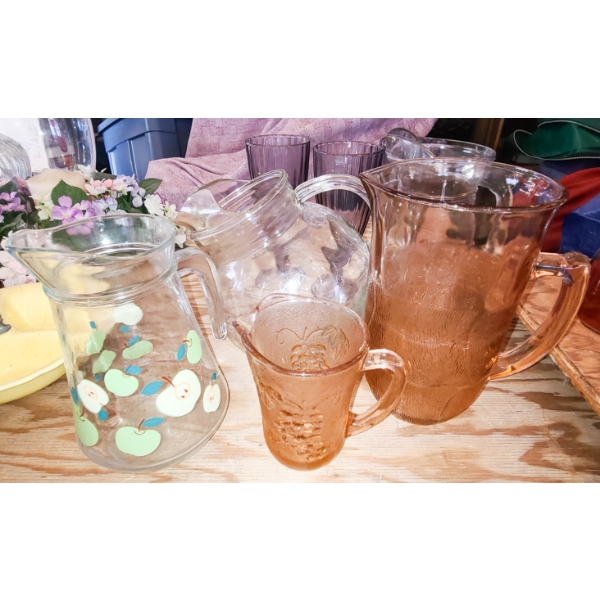 VINT. KIG PINK DEPRESSION GLASS PITCHERS ETC.