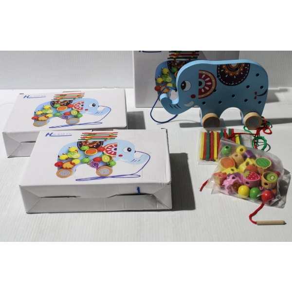 3 NEW HAIBAO WOODEN ELEPHANT PULL ALONG TOY