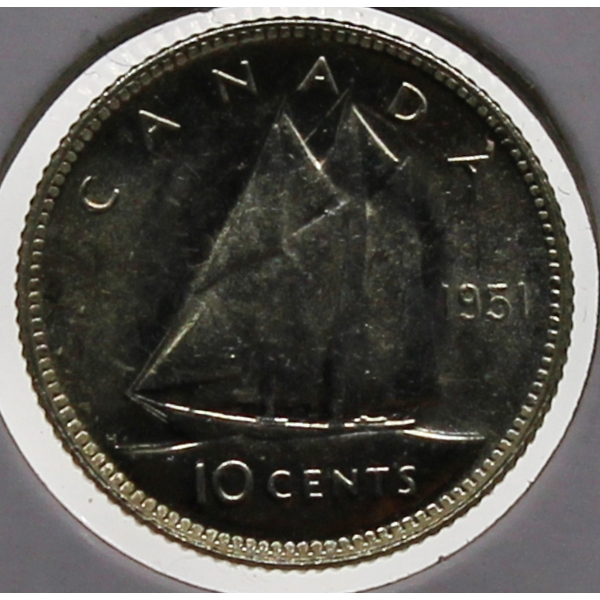 1951 CH/BU CANADIAN SILVER 10 CENT COIN
