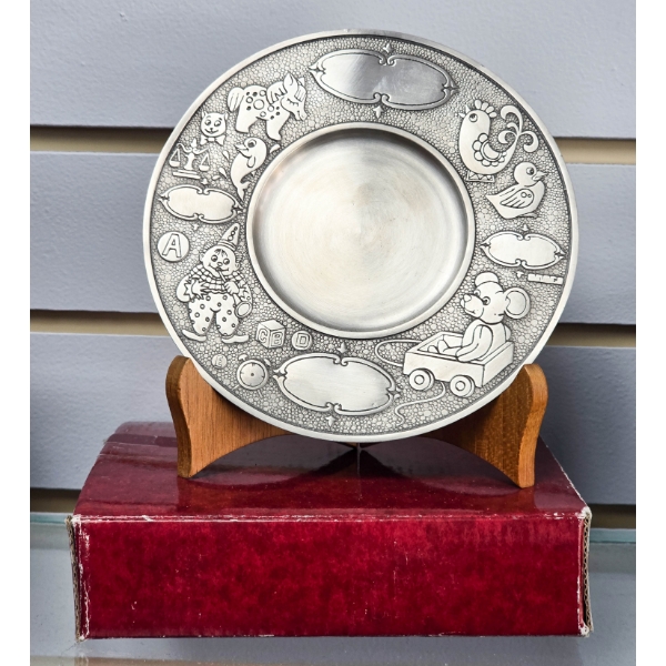 NEW PEWTER BIRTH PLATE W/ DISPLAY STAND