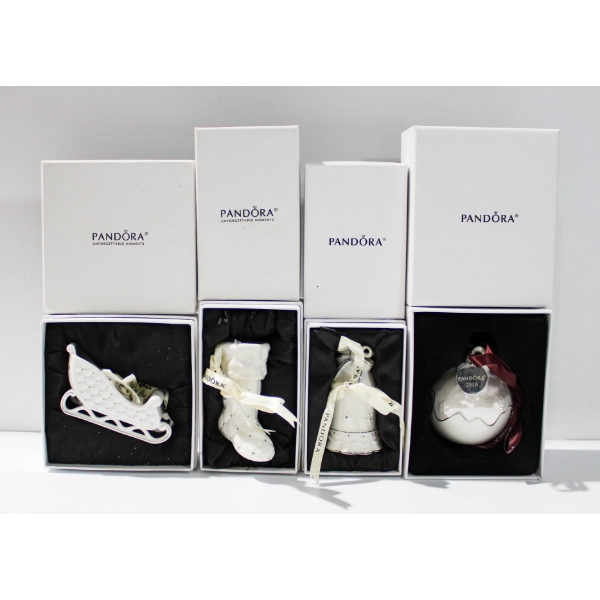 4 PANDORA CHRISTMAS TREE ORNAMENTS - BELL SLEIGH ETC.