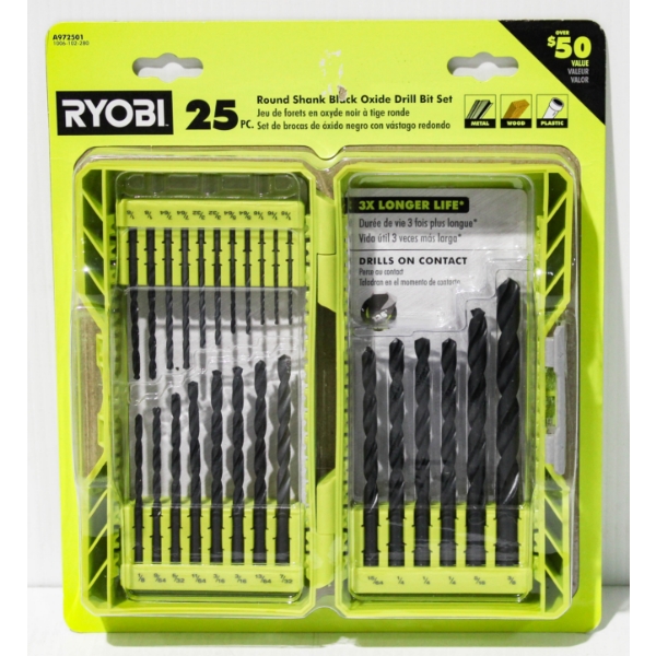 25 PC NEW RYOBI ROUND SHANK DRILL BIT SET W/ CASE