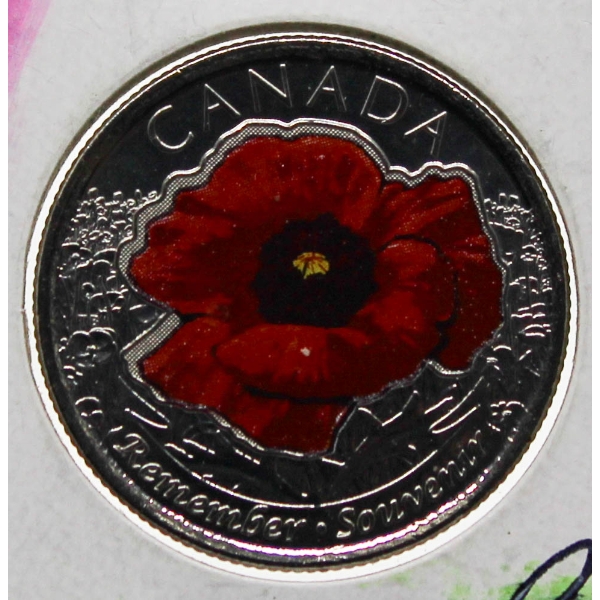 2015 PROOF CANADA COLOURED POPPY 25 CENT COIN