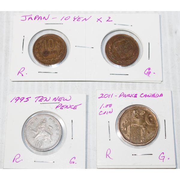 WORLD COINS - 2 JAPAN 10 YEN - 10 PENCE & 2011 PARKS CANADA $1.00 LOONEY