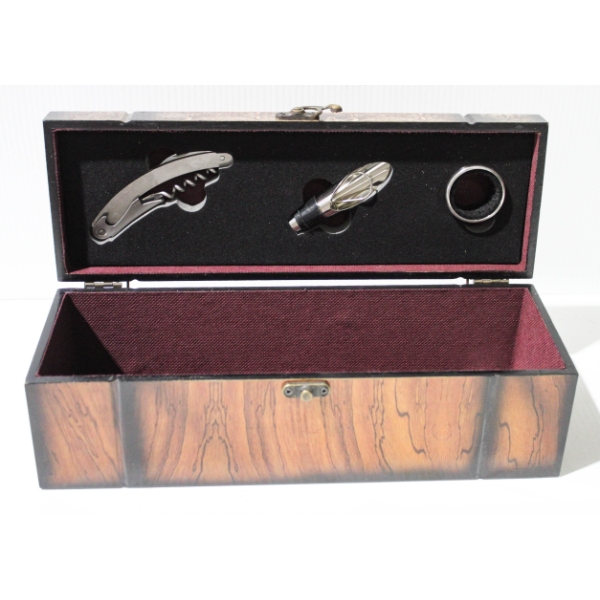 RUSTIC WOODEN WINE BOX W/ CORKSCREW ETC.