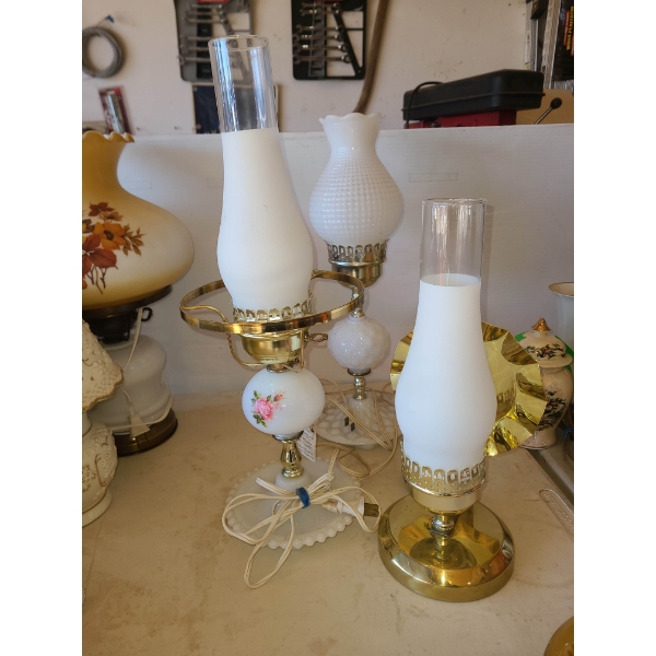 3 VINTAGE TABLE LAMPS MILK GLASS ETC - W/ CHIMNEYS