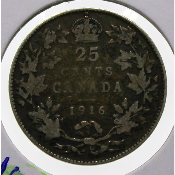 1916 KING GEORGE V CANADA SILVER 25 CENT