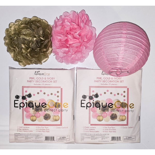 2 EPIQUE ONE PARTY DECOR SETS INCL. LANTERNS POM POMS ETC.
