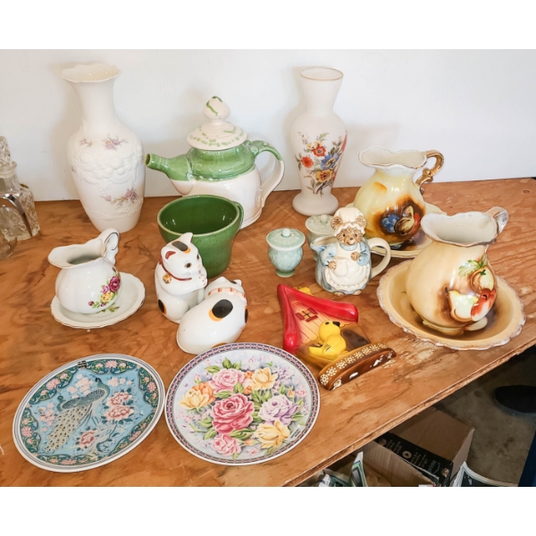 2 IMARI PLATES - CHALKWARE BIRD - ROSELIE VASE ETC.