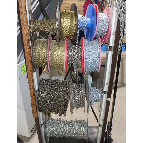 BROWN METAL CHAIN RACK W/ ASSORTED SIZE CHAIN