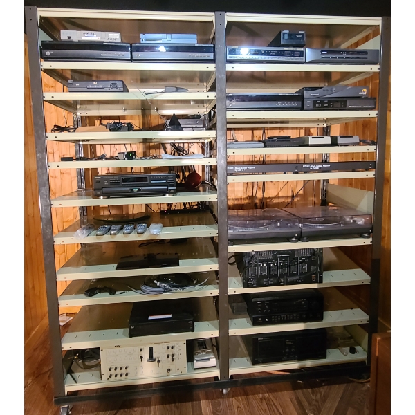 COMPLETE STEREO / VIDEO HOME THEATER SYSTEM W/ ROLLING SHELVING