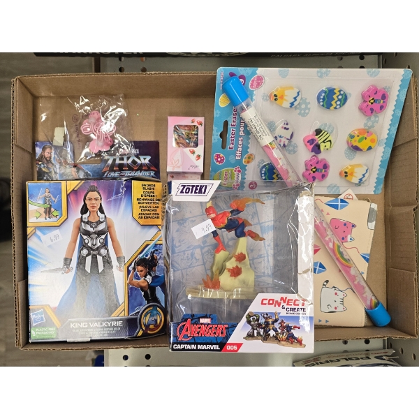 ASSORT. KIDS TOYS, HAIR TIES, DECORATIVE ERASERS, ETC