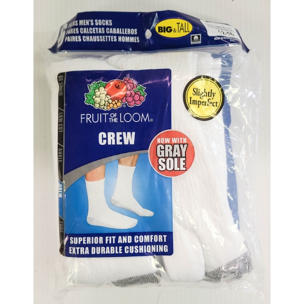 MEN'S FRUIT OF THE LOOM BIG & TALL WHITE CREW SOCKS