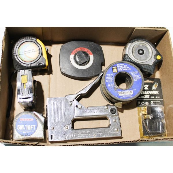 5 MISC. MEASURING TAPES, 100' ROLL OF 14GA PRIMARY WIRE, AND STAPLER