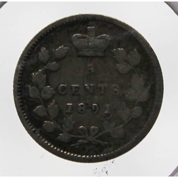1891 VICTORIAN SILVER CANADA 5 CENT COIN