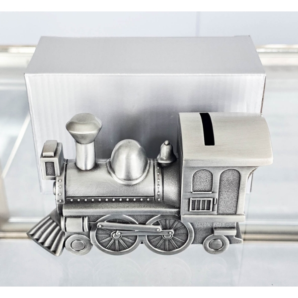 NEW LOCOMOTIVE TRAIN MONEY BANK W/ PEWTER FINISH