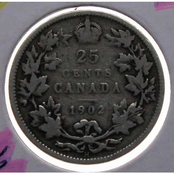 1902H CANADIAN SILVER 25 CENT COIN
