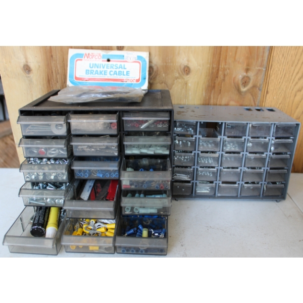 TWO SMALL PARTS BIN ORANIZERS W/ CONTENTS