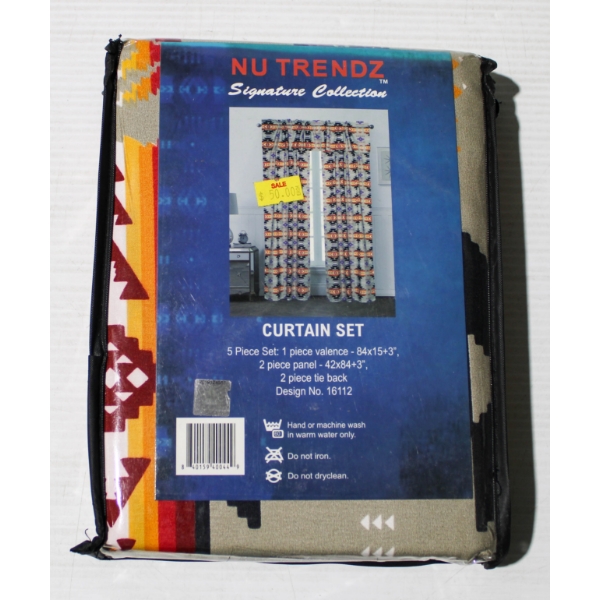 5PC NU TRENDZ CURTAIN SET - SOUTHWEST DESIGN - TAUPE/GREY