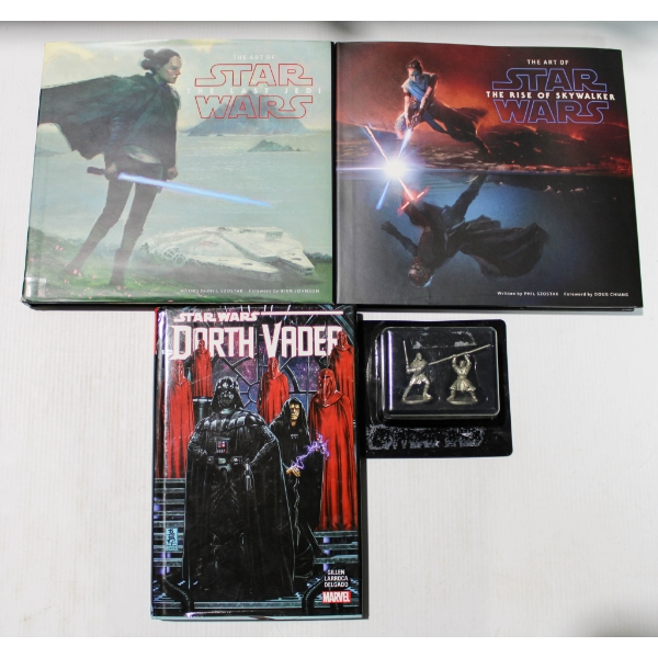  3 STAR WARS HARDCOVER BOOKS & 2 PEWTER FIGURES