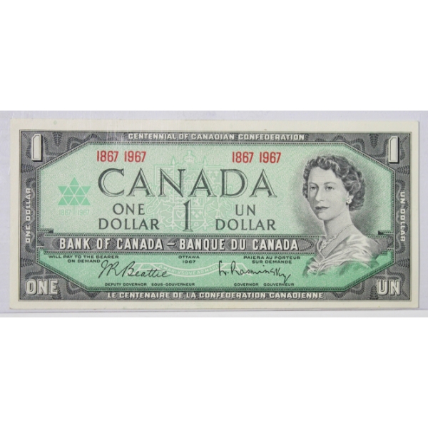 1967 "DATES" CRISP UNC. CANADIAN CENT. $1 BANK NOTE