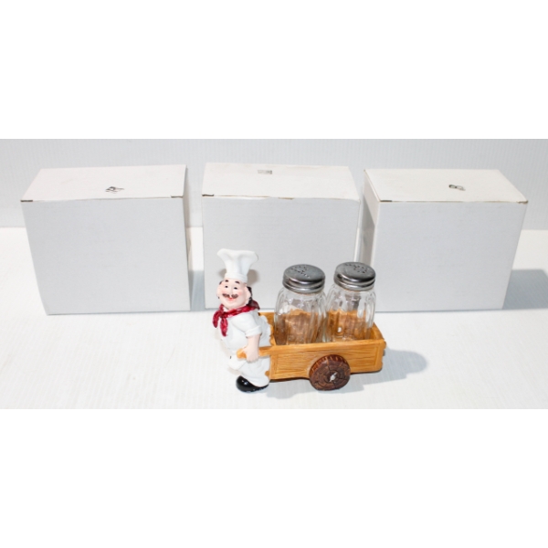 4 NEW SALT & PEPPER SHAKERS W/ FRENCH CHEF SHAKER HOLDER