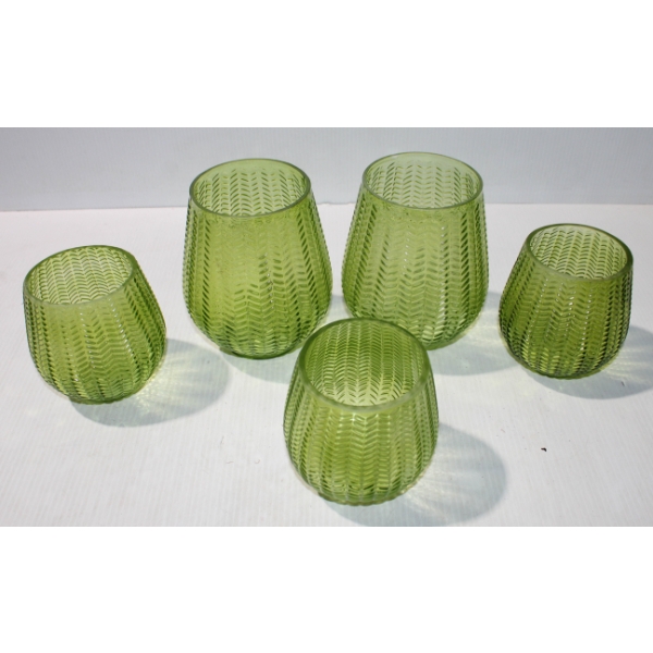 FIVE GREEN GLASS TEA LIGHT HOLDERS