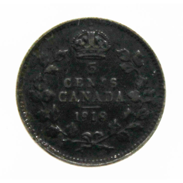 1918 KING GEORGE V CANADA SILVER 5 CENT COIN
