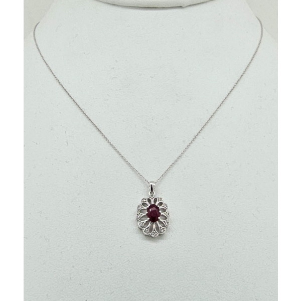 10K WHITE GOLD 18" NECKLACE W/ RUBY & DIAMOND PENDANT