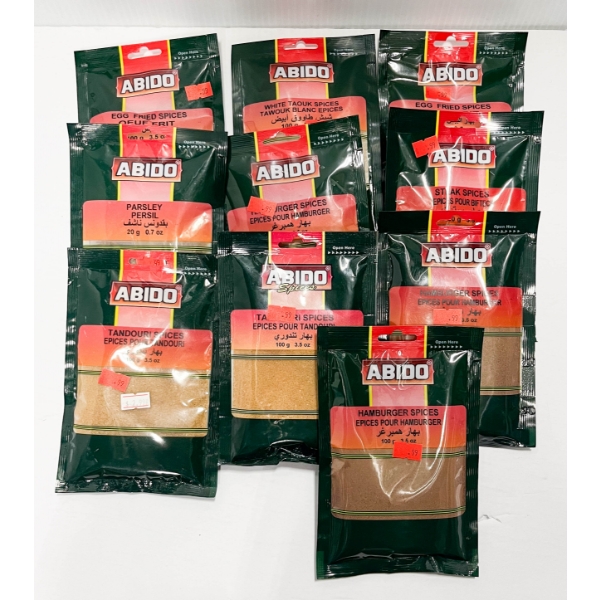 10 ASST ABIDO SPICES - HAMBURGER TANDOURI STEAK ETC. 