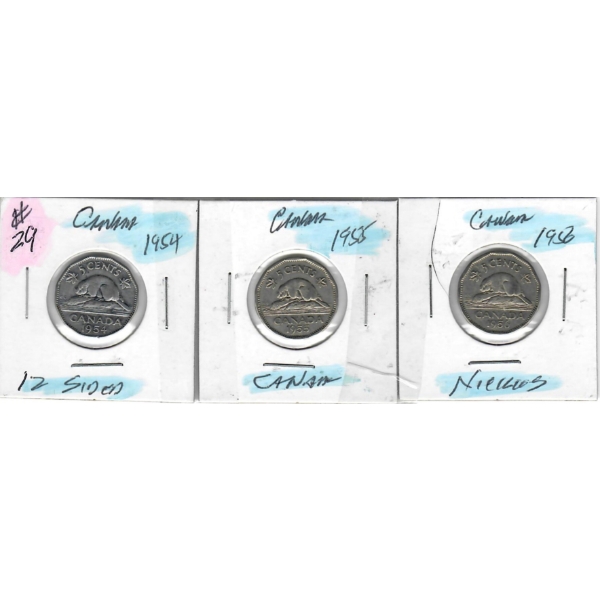 1954, 55 AND 56 CANADA 12 SIDED 5 CENT COINS