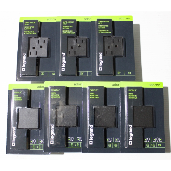 3 NEW LEGRAND DUAL WALL OUTLETS & 4 PADDLE SWITCHES