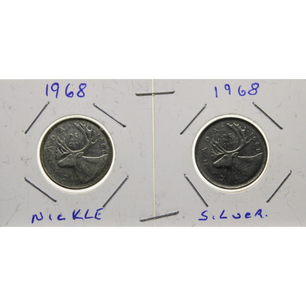 TWO 1968 CANADIAN 25 CENT COINS - ONE SILVER