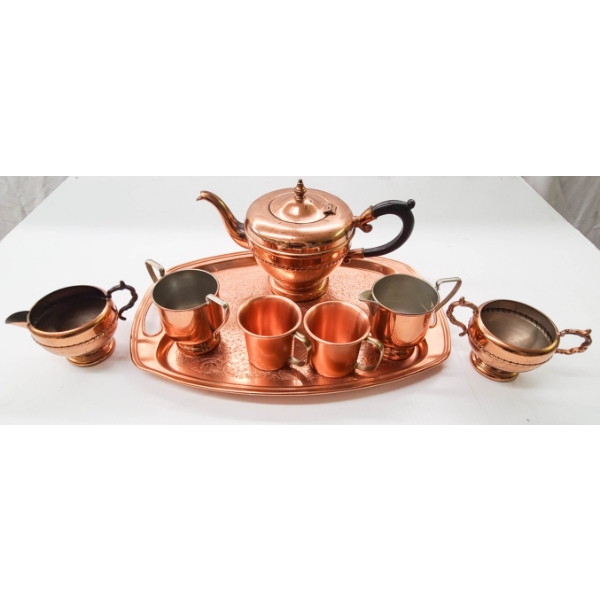 8 PC VIKING PLATE E.P. COPPER TEAPOT SET