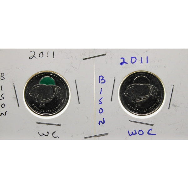 TWO 2011 CANADA BISON WC & WOC 25 CENT COINS