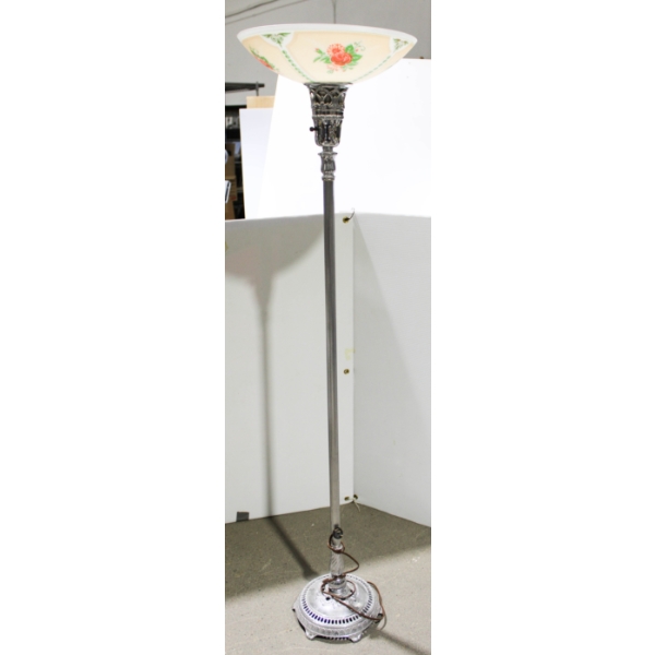 VINTAGE FLOOR LAMP W/ FLOWERED GLASS SHADE
