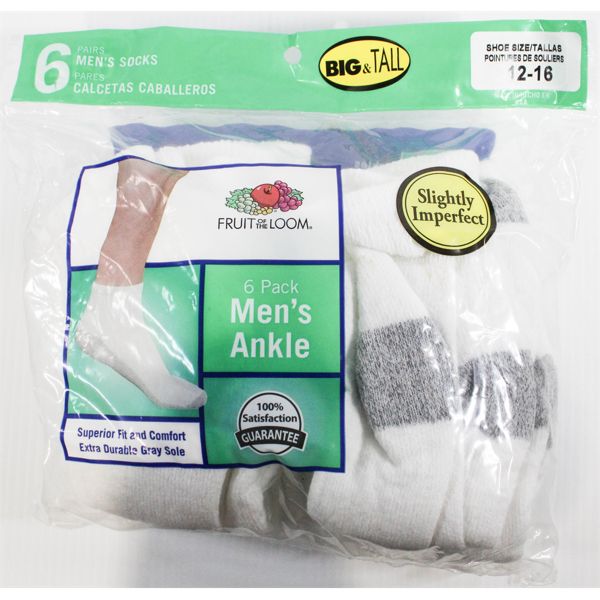 BIG & TALL MEN'S CREW SOCKS, PKG OF 6 (NEW) SIZE 12-16 - WHITE