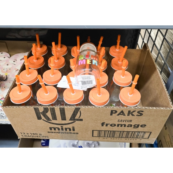24 SUM-MER GLASS DRINK JARS W/ STRAWS