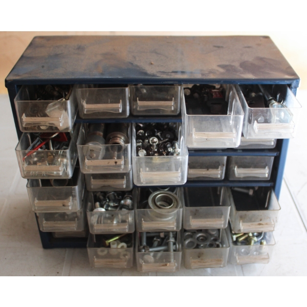 METAL PARTS BIN W/ ASST. HARDWARE