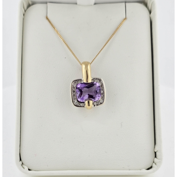 14K GOLD NECKLACE 16" - AMETHYST & DIAMOND