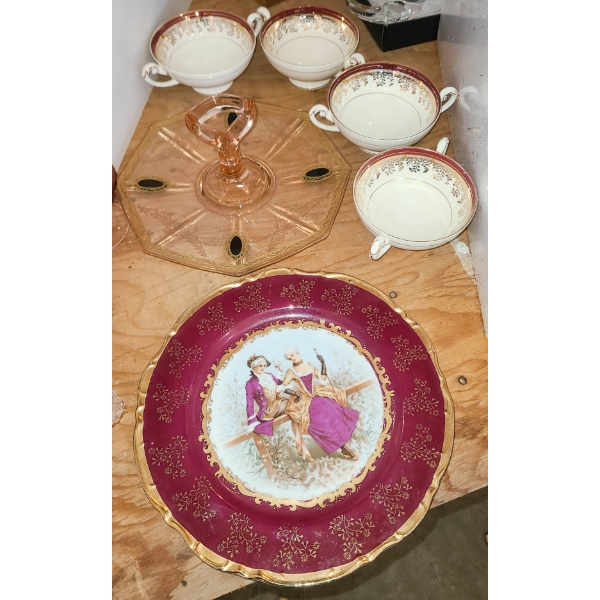 TIFFIN FRANCISCAN PINK GLASS OCTAGONAL CENTER HANDLE SERVING TRAY ETC.