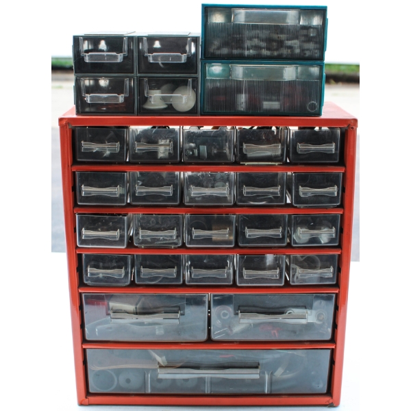 ORANGE METAL PARTS BIN W/ CONTENTS